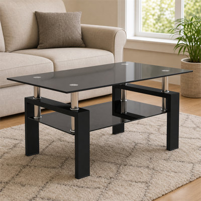 Rectangular smoked black glass coffee table; modern minimalist design, suitable as a living room centerpiece or side table.