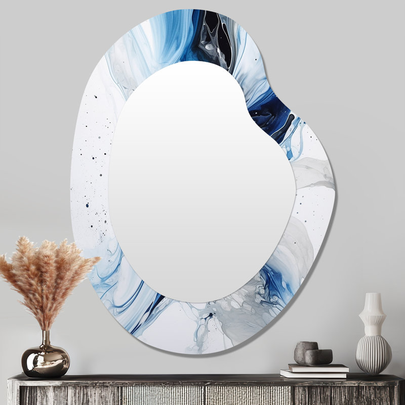 Bleu et gris Elixir I éthéré - miroir décoratif asymétrique abstrait, miroir mural de forme unique moderne, impression d'art en métal