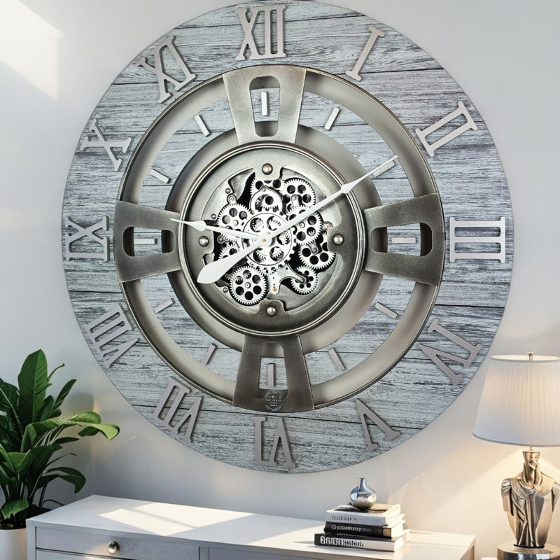 Solid Wood Wall Clock, Silver Grey, Large 61cm