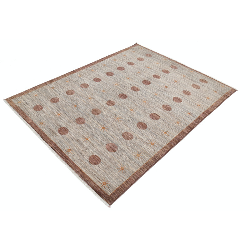 Tapis beige et brun en laine noué à la main 5 pi x 6,5 pi