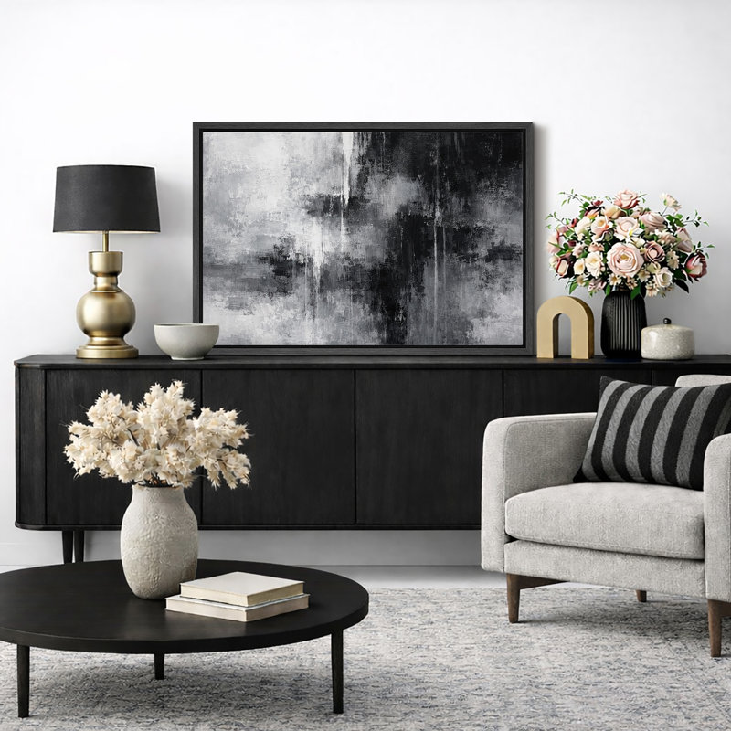 Art abstrait noir et blanc vertical, images de salon contemporain, impression sur toile encadrée, Cadre noir