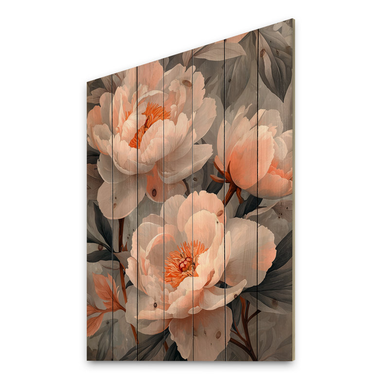 Pink Sunlit Garden - Peonies Wood Wall Decor - On Natural Pine Wood, 32" H x 24" W x 0.78" D
