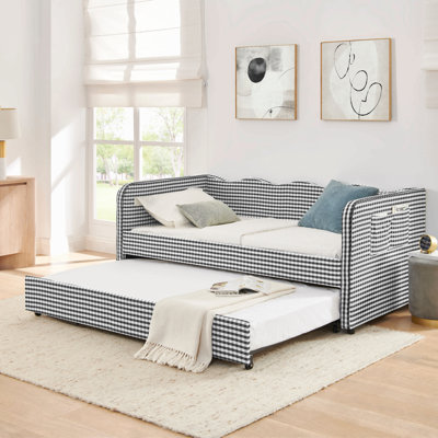 Daybed, Gingham Upholstered 3‑In‑1 Versatile Convertible Sofa Bed With Pull‑Out Trundle & Side Storage Pockets, Ideal For Multiple Room Layouts And Small‑Space Living