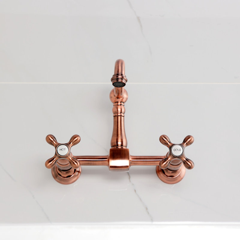 Kingston Brass Heritage Double-Handle 2-Hole Wall-Mount Bridge Kitchen Faucet, Antique Copper