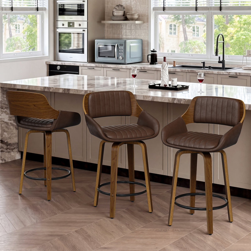 Tabouret de bar pivotant en similicuir avec cadre en bois massif pour îlot de cuisine (ensemble de 3), BLACK, 3