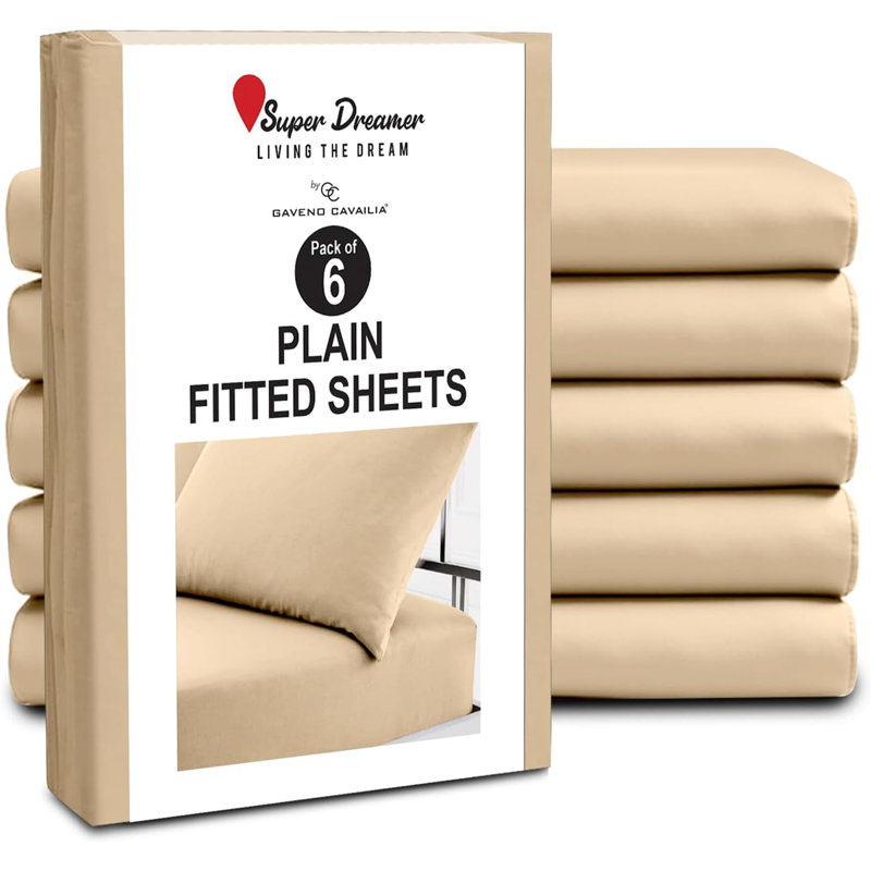 Super Dreamer Pack of 6 Fitted Bed Sheets Solid Colour Polyester Soft Touch Bedding Machine Washable UK Sizes, Beige