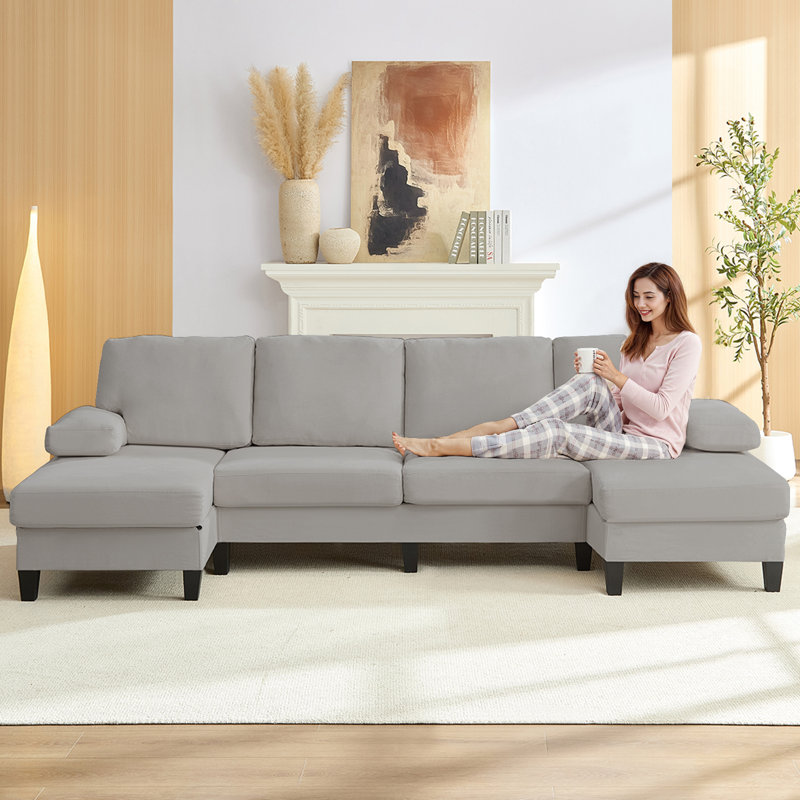110" Premium Corduroy Sectional Sofa - High-Resilience Sponge & Spring Cushions, 3.94" Thick Seating with Fixed Armrests, Sturdy Wooden Legs for Living Room/Apartment/Hotel