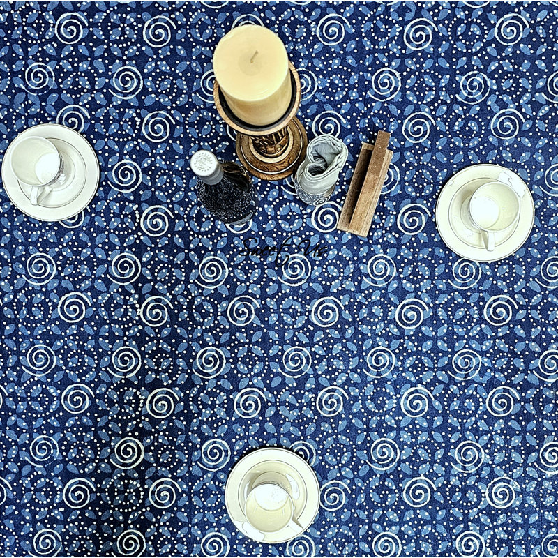 Cotton Floral Tablecloth Rectangle Indigo Blue, 88" x 108"