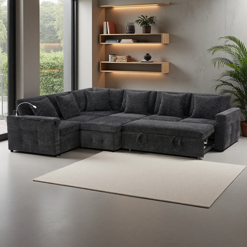 Canapé-lit modulaire coulissant 117 * 90 po avec panneau de table rabattable, lampe de lecture, ports de charge, repose-pieds de rangement, conception capitonnée