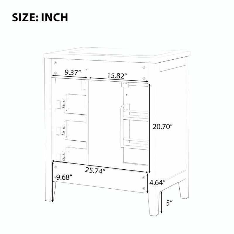 Base de meuble-lavabo blanc 30 po seulement, armoire de salle de bain avec tiroirs et structure solide, Blanc