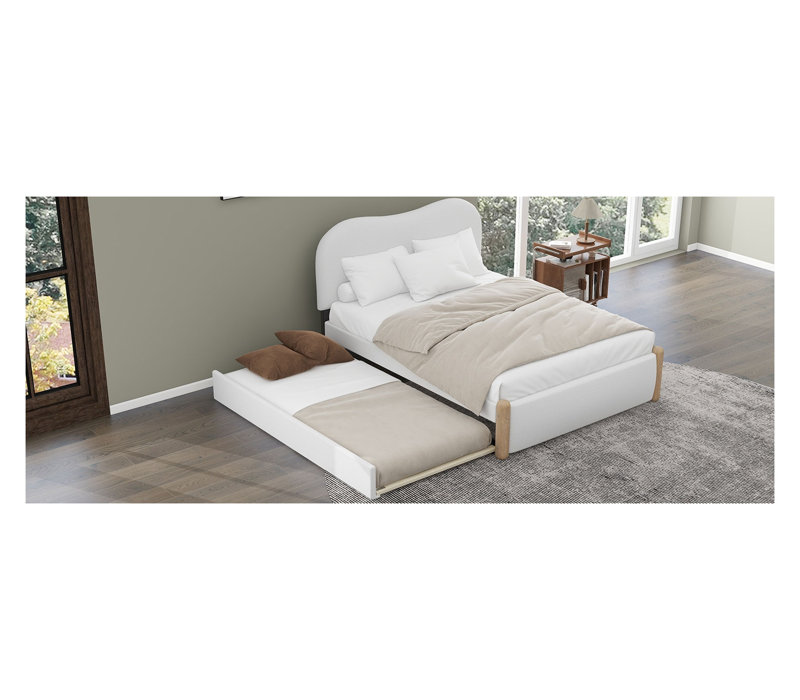 Lit plateforme double tapissier double avec lit gigogne simple, tête de lit en molleton berbère blanc et structure en bois massif