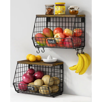 Panier de fruits suspendu pour comptoir de cuisine, paquet de 2, paniers en fil de fer empilables pour l'organisation avec couvercle en bois, noir et rustique