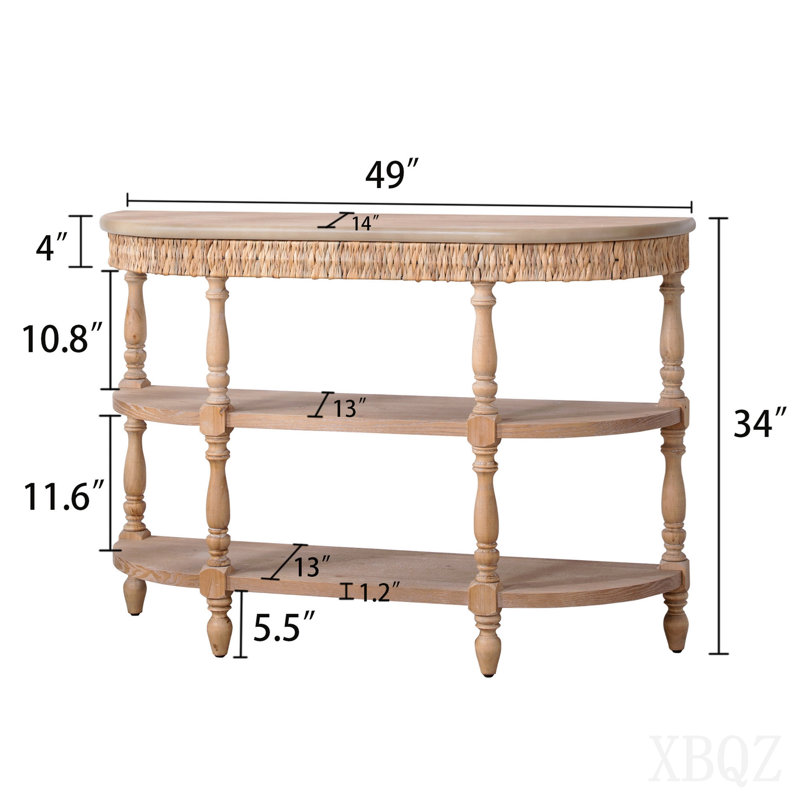 Console en bois fabriquée à la main avec garniture tissée à la main, tablettes de rangement à 3 niveaux, table d'entrée ovale avec pieds sculptés, table d'appoint rustique Coastal Farmhouse, table de canapé d'entrée de 49 po