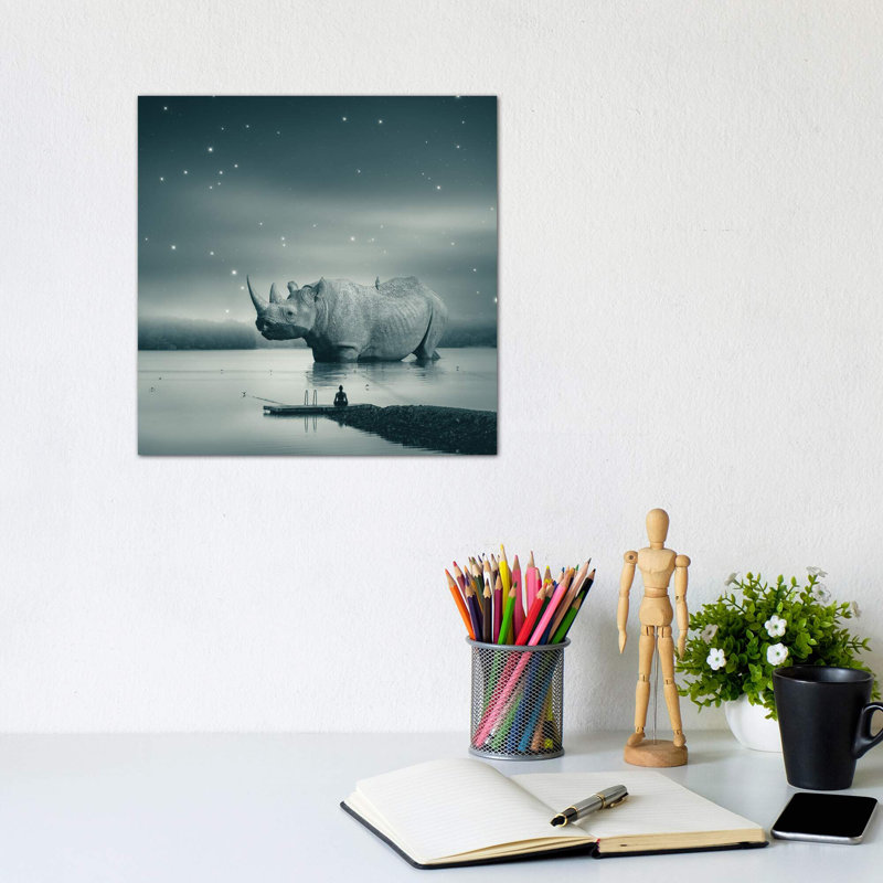 «Rhino Zen Gray Blue» par Soaring Anchor Designs - impression d'art graphique, Toile tendue, Pas de tapis