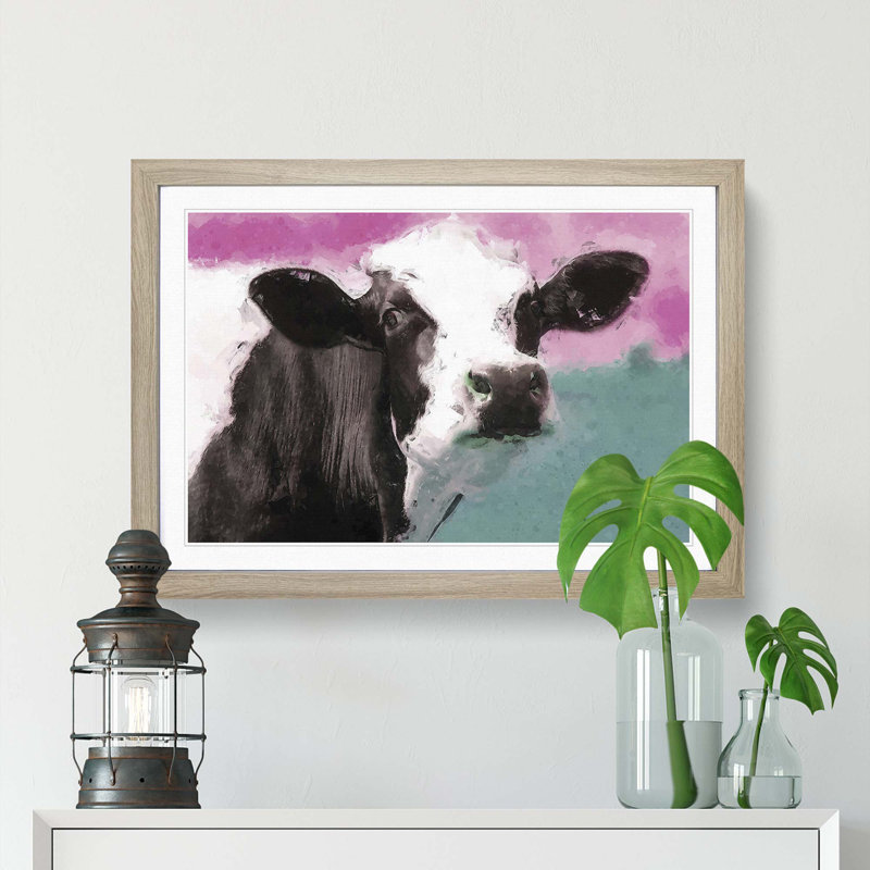 Cow in the Meadow in Abstract - Picture Frame Painting Print, Oak Framed, 48cm H x 65cm W x 2cm D