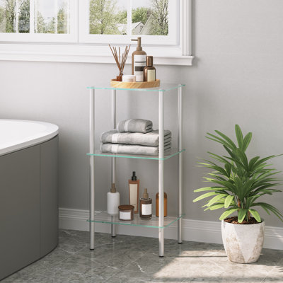Vertical Shelf, Glass Storage Rack, Bathroom Shelving Unit, 3-Tier Standing Shelf, For Bathroom, Space-Saving, Adjustable Feet, Silver