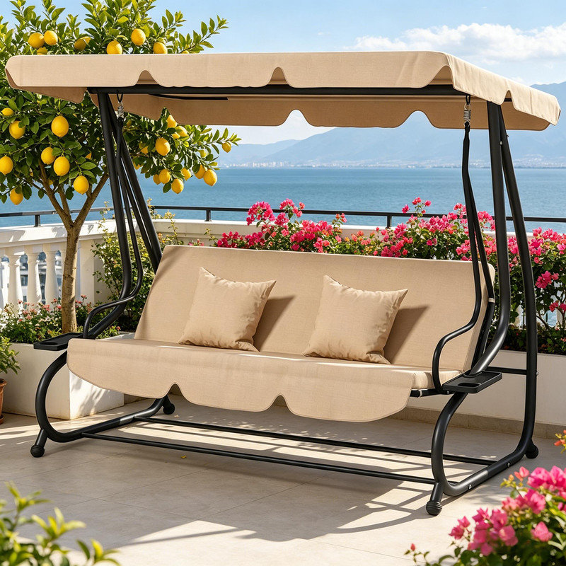 Balancelle de véranda autoportante grise avec auvent, sièges de balançoire indépendants et porte-gobelets pour terrasse, H 67 po
