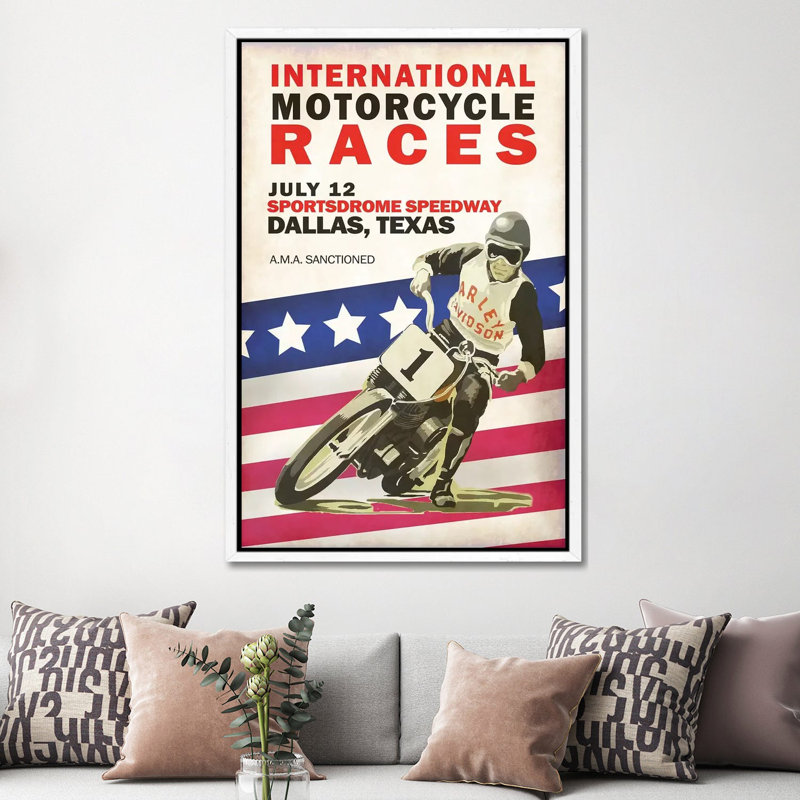 Intl. Motorcycle Races Dallas by Mark Rogan - Print on Canvas, 152.4cm H x 101.6cm W x 3.81cm D, White Framed