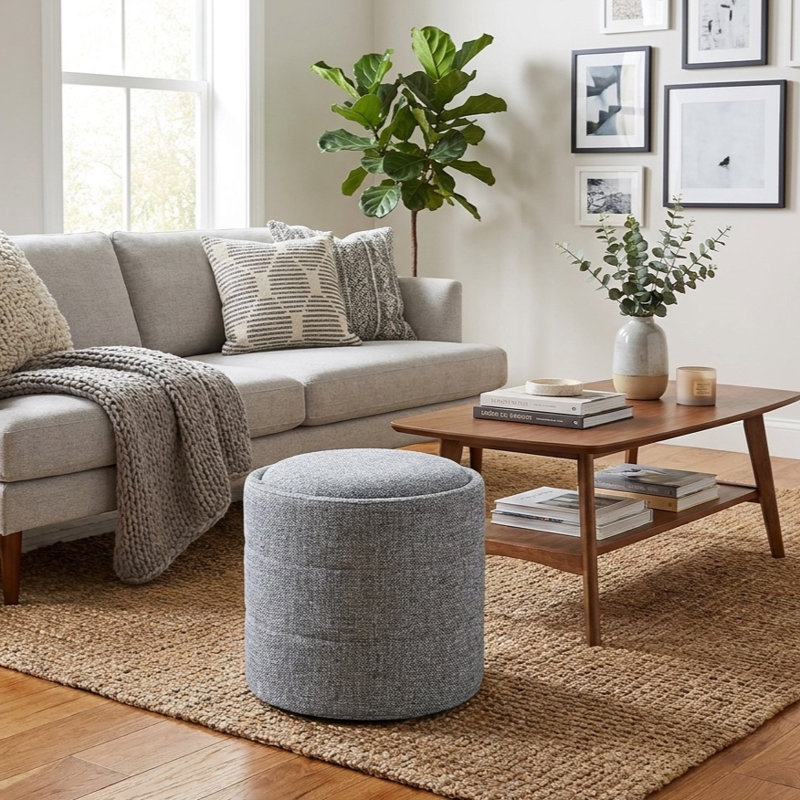 Nachita Upholstered Storage Round Ottoman, Blue Gray Woven