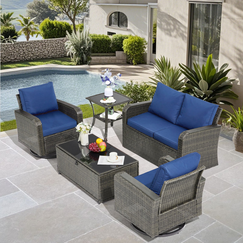 5 Pieces Outdoor Furniture Set With Swivel Chairs, Wicker Patio Furniture For Porch Deck Bistro Lawn Garden Backyard Poolside