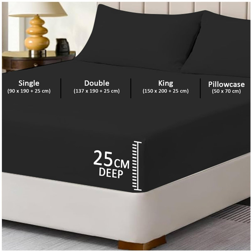 Super Dreamer Pack of 6 Fitted Bed Sheets Solid Colour Polyester Soft Touch Bedding Machine Washable UK Sizes, Black