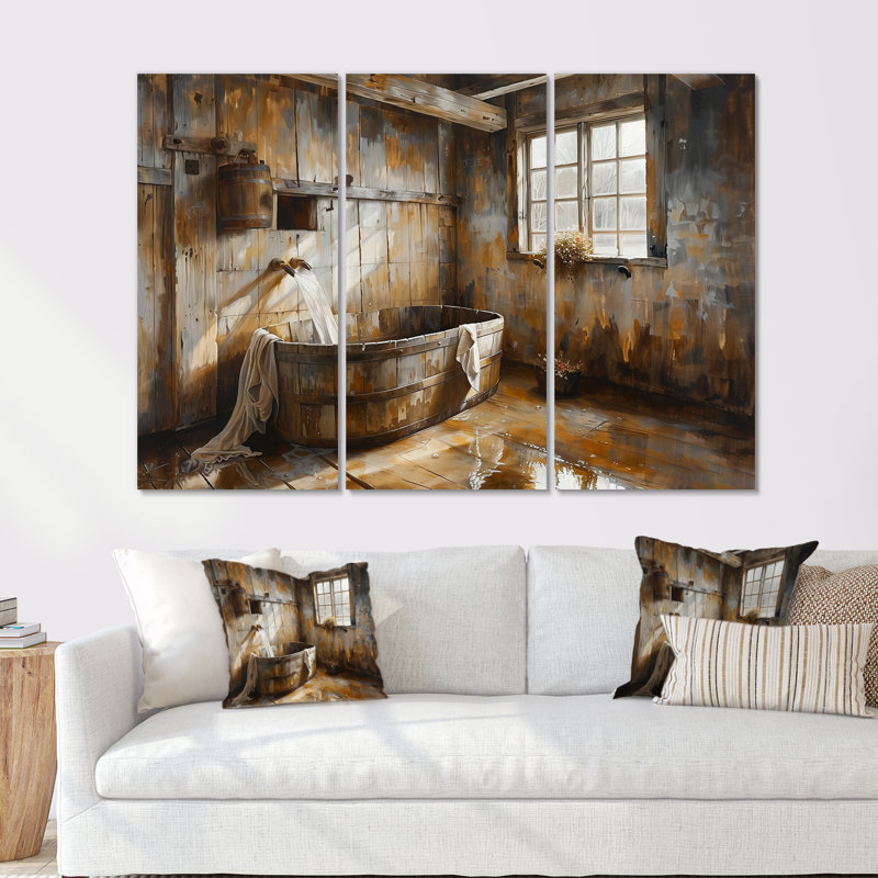 «Brown Rustic Bathroom Charm III», ensemble d'art mural rustique, Toile tendue, H 28 po x l 36 po x P 1 po