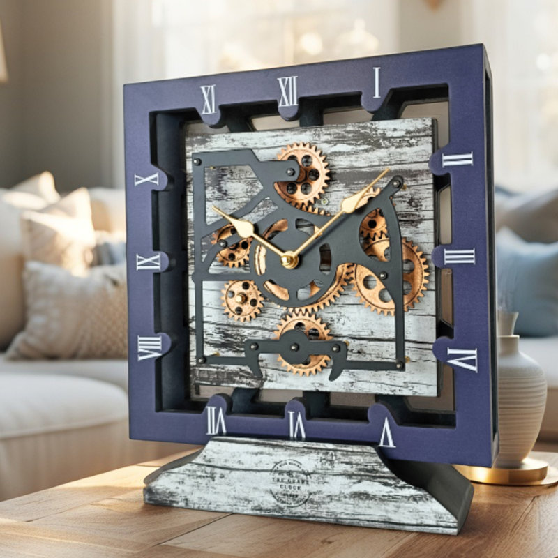 Horloge de bureau carrée en bois 10 pouces avec engrenages mobiles réels (transformable en horloge murale - base amovible) Collection Canada