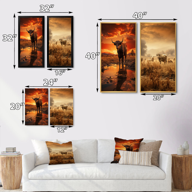 "Bétail Silhouette Serenade", 2 pièces sur toile, H 20 po x l 24 po, Encadrement doré