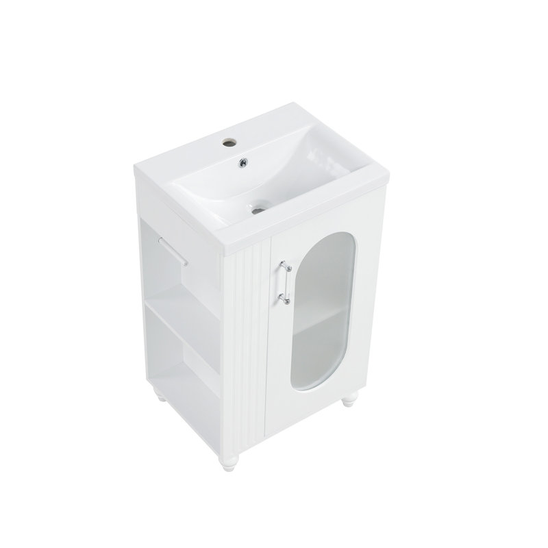Meuble-lavabo de 20 po avec lavabo, meuble-lavabo avec tablette à deux niveaux, tablette réglable, bois massif et panneau de fibres à densité moyenne, blanc