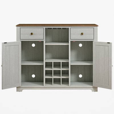 47" Farmhouse Barn Door Sideboard Buffet Cabinet with Wine Rack & Stemware Storage