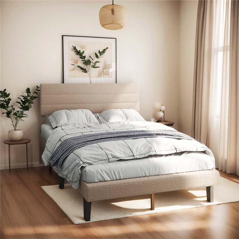 Bed Frame With Boucle Upholstered Headboard, Platform Bed, Twin