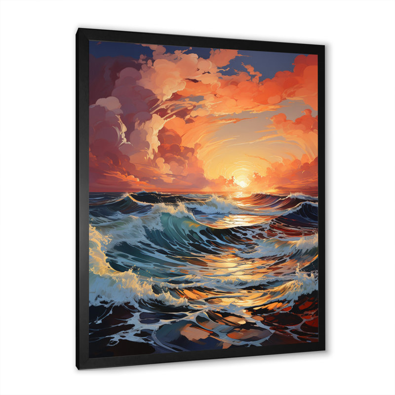 Orange, bleu sarcelle, vagues côtières I - impression, Cadre photo noir, H 20 po x l 12 po x P 1 po