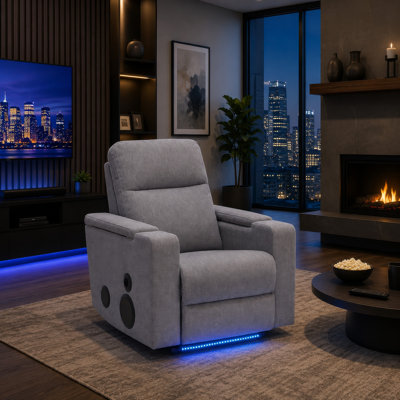 Fauteuil inclinable électrique oscillant Posy, système audio et rangement, polyester étain