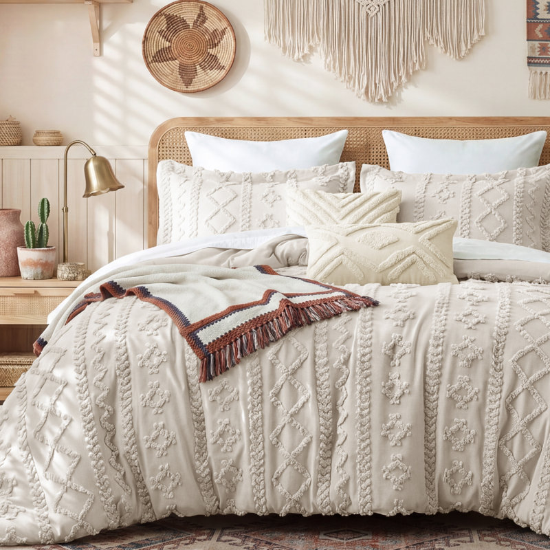 Ensemble d'édredon touffeté très grand de style californien Bedure - motif géométrique beige, broderie maison de campagne, ensemble de literie 5 pièces doux, toutes saisons