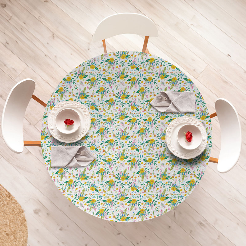 Bungalow Rose Floral Fitted Round Tablecloth Diameter White Multicolor, 47.24" Round