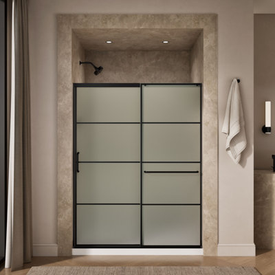 Elate Tall Sliding Shower Door, 75-1/2-In H X 62-1/4 - 65-5/8-In W, With Heavy 5/16-In Thick Frosted Glass With Rectangular Grille Pattern