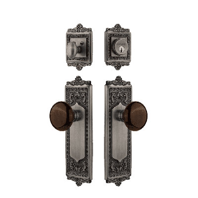 Nostalgic Warehouse Egg & Dart Entry Set With Brown Porcelain Knob In Antique Pewter-2 3/4" Backset-Universal Handing