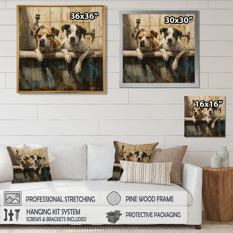Deux chiens dans la baignoire - décoration murale pour salle de bain chien, Toile tendue, H 16 po x l 16 po x P 1 po