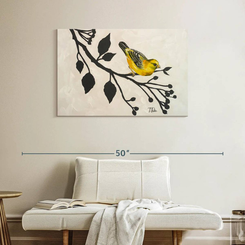 Brampt oiseau jaune sur la branche I, H 26 po x l 39 po