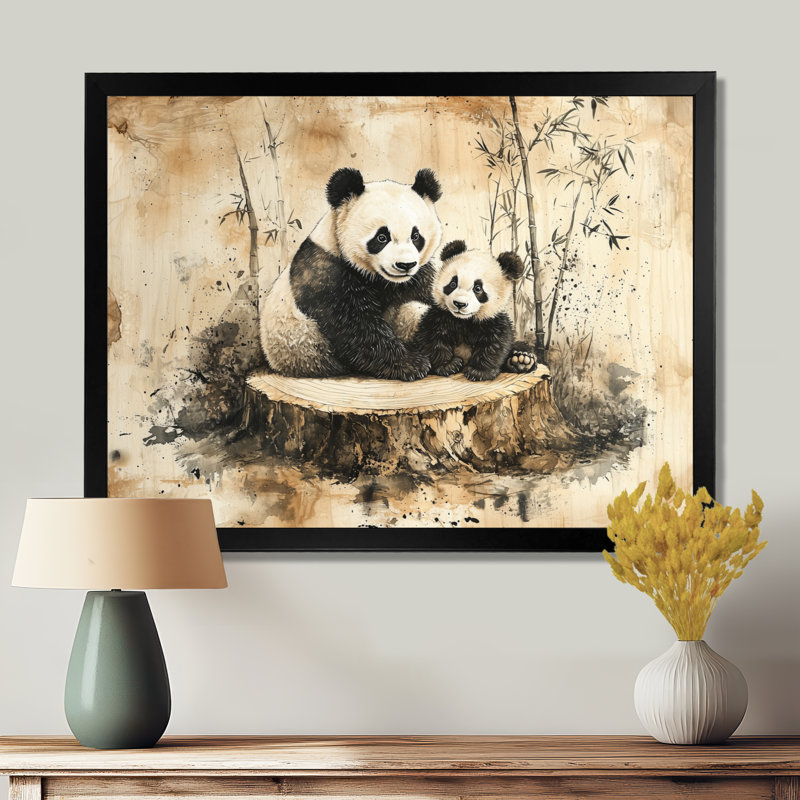 Gerino, famille de panda rétro dans la forêt I - art mural panda, H 12 po x l 20 po, Picture Framed Print