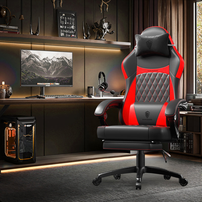 Ergonomic Gaming Chair With Pocket Spring Cushion & Massage Lumbar Support - High Back Office Computer Chair With Footrest For Adults, 300LBS Capacity, Leather Design