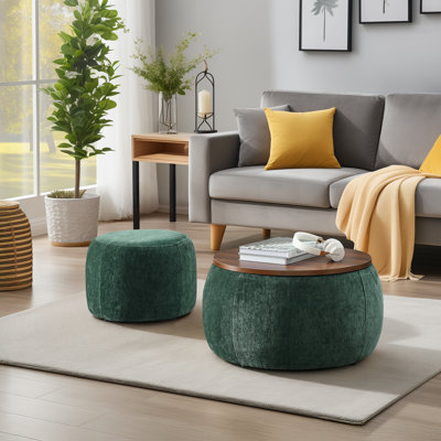 Repose-pieds rond 2 en 1 avec rangement: table de bout polyvalente et repose-pieds avec petit siège, avec couvercle de table basse en bois - idéal pour les salons, diamètre de 25 po
