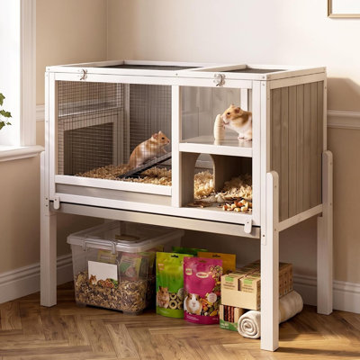 38" L Wooden 2-Story Guinea Pig Cage Indoor with Stand, Rabbit Hutch with Ramp & Hideout, Small Animal Habitat with Leak-Proof Pull-Out Tray