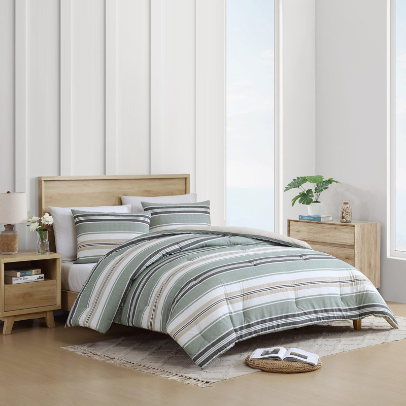 Ensemble d'édredon vert réversible en coton Nautica Prospect Harbor, Édredon pour grand lit + 2 taies décoratives sta