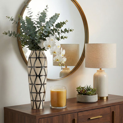 Pottery Floor Vase with Pattern Accent for Home Decor - Sculptural Tall Flower Vase for Living Room and Corner Styling - Ivory & Black