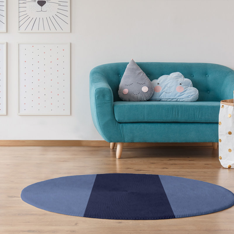Tapis bleu/blanc rayé, Rond 5 pi