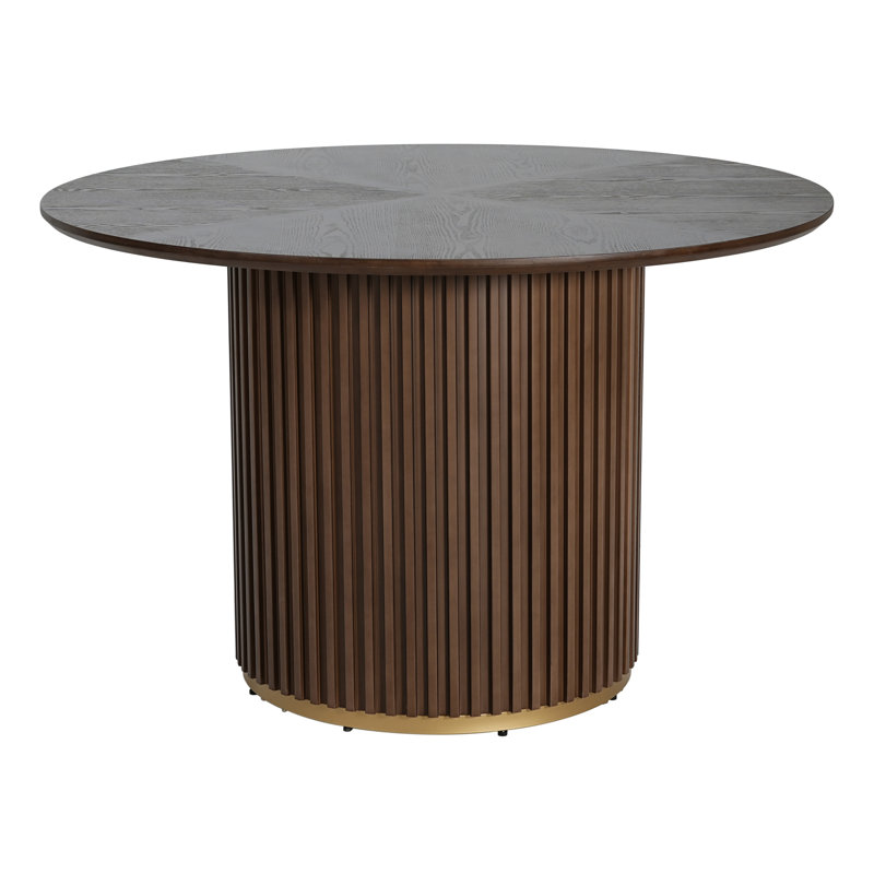  Table de salle à manger à piédestal en bois de noyer de 47,25 po, table de cuisine à colonne cannelée de luxe, table de présentation circulaire contemporaine avec base dorée pour 4