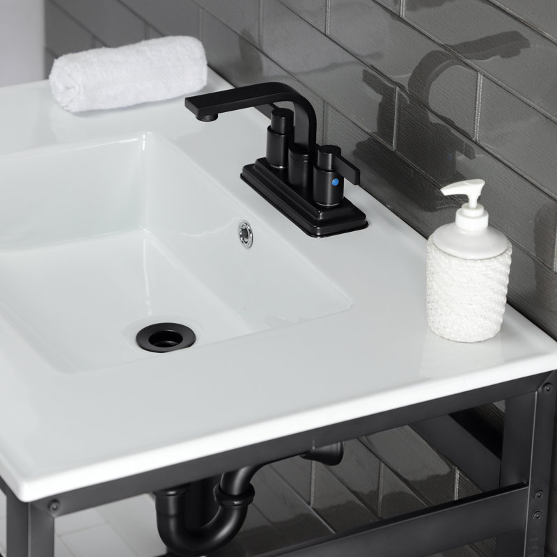 Kingston Brass Quadras 31-Inch Ceramic Console Sink with Steel Base and Shelf, White/Matte Black, 8" Centers