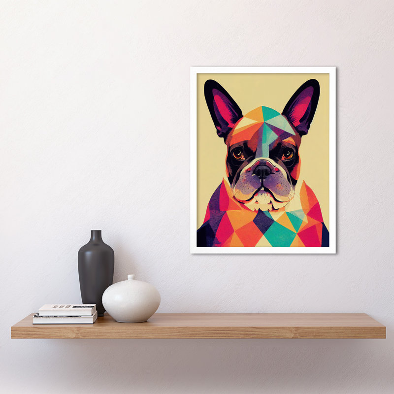 Vibrant Colourful Geometric French Bulldog - Print, 43cm H x 33cm W x 2cm D, White Framed Paper