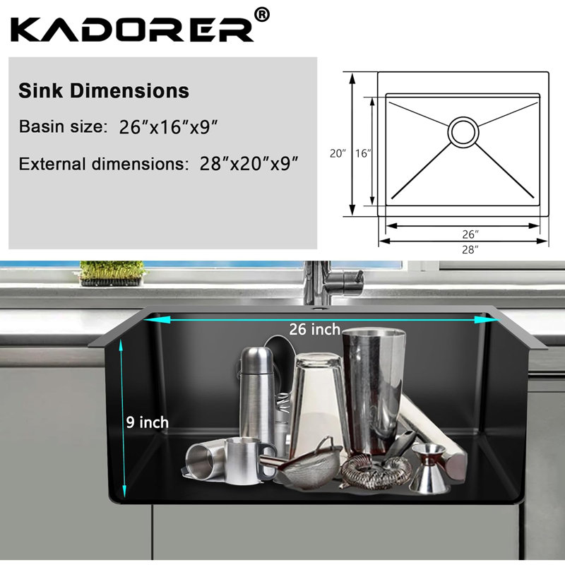 ForKitchen 28'' L Stainless Steel Kitchen Sink, Black